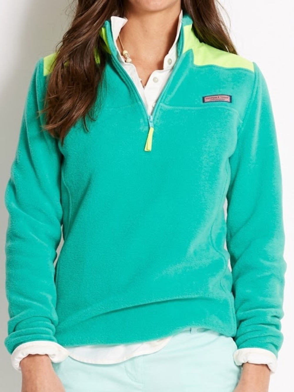 Vineyard Vines Green & Neon Yellow Quarter-Zip Fleece Pullover - Women's Small